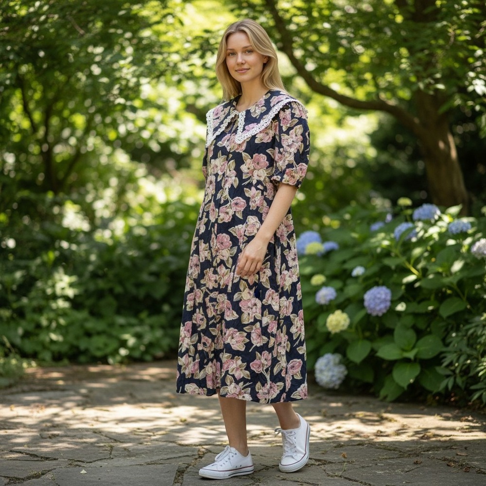 Just Maggie Vintage 90s Floral Midi Dress Navy Blue Lace Sailor Collar Size‎ 7/8